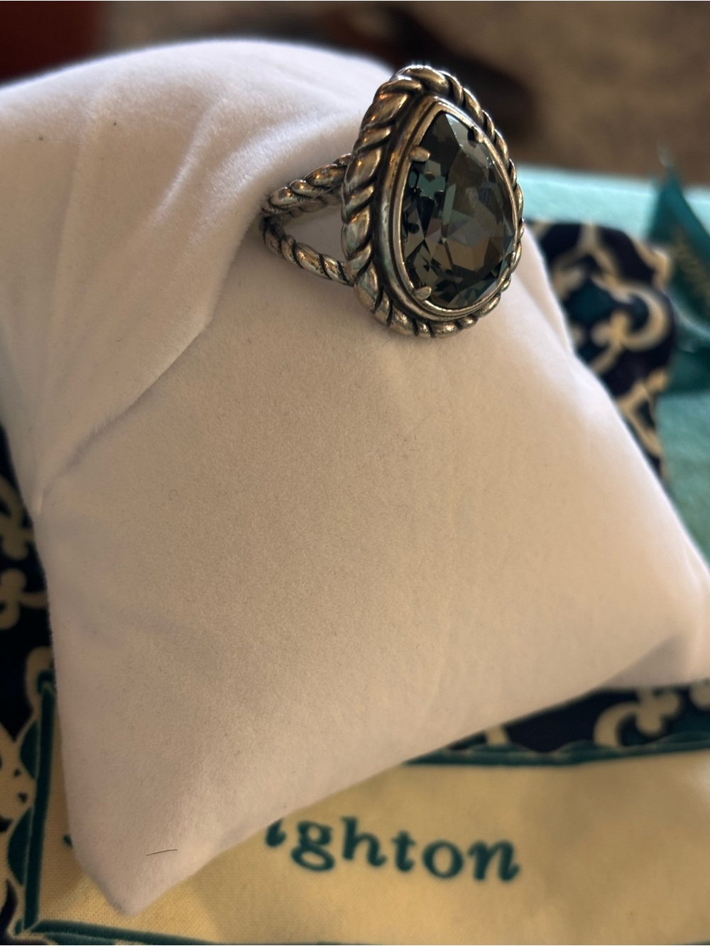 Retired Brighton Silver-Tone Teardrop Cocktail Ring - Gray Swarovski Crystal - 7